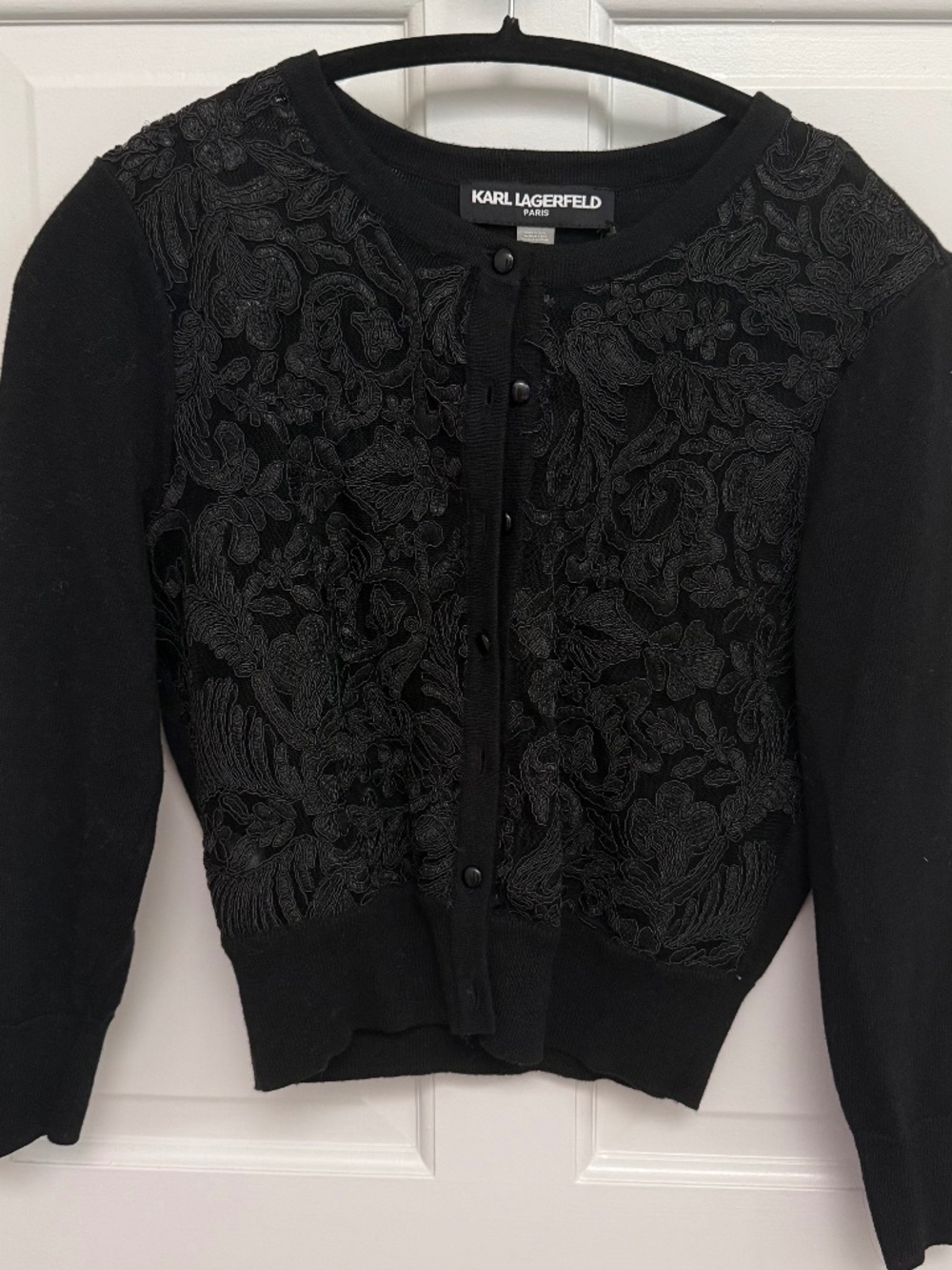 Karl Lagerfeld Paris Lace Front Black Button Down Cardigan